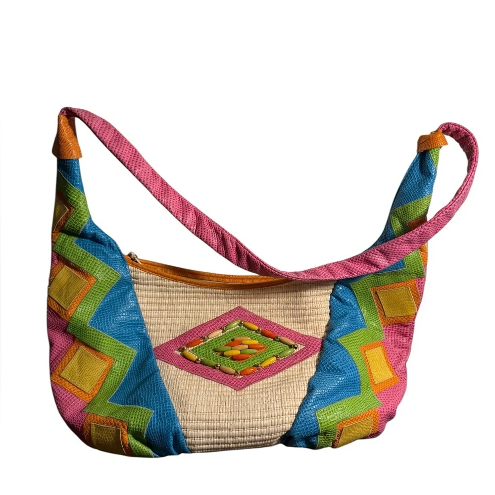 Sharif vintage pink green yellow orange cream leather woven western hobo bag - Picture 4 of 16